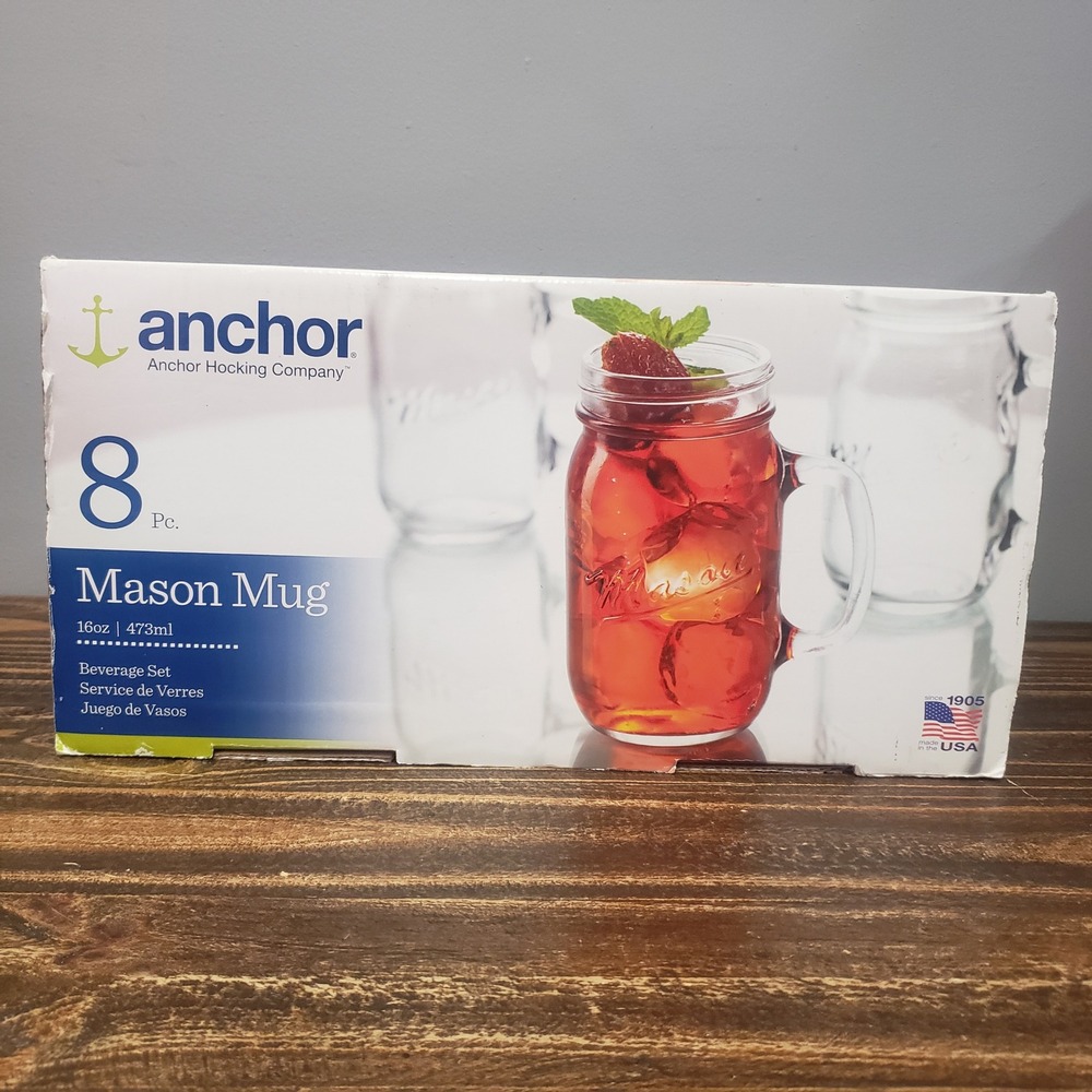 Anchor Hocking Mason Mug 8 Piece Set 16oz Clear Glass Mugs with Handles New